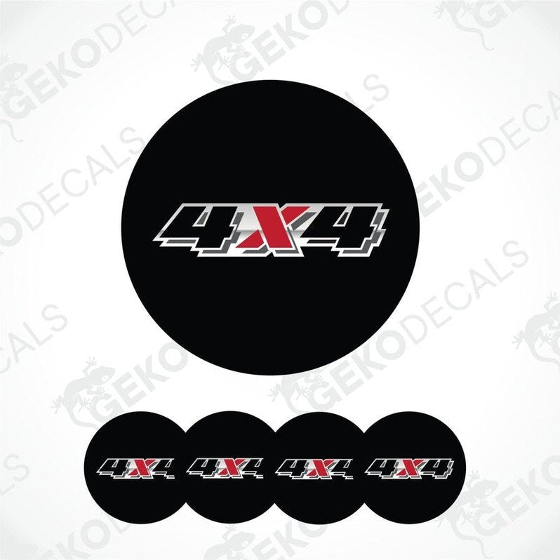 Black circular 4x4 decal with red and white accents on a white background.