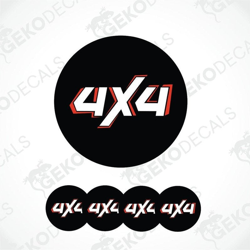 4x4 logo decal with red and white text on a black circle, brand 'Gekodecals' visible.