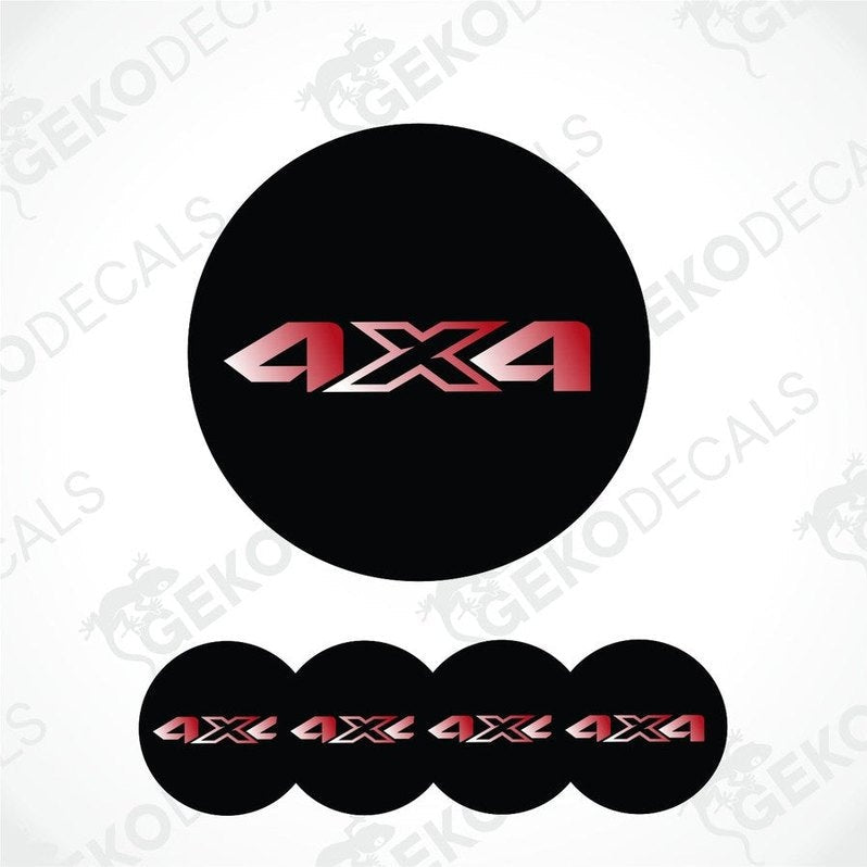 A set of four black vinyl decals with red '4X4' text, designed for use as car wheel caps or stickers.