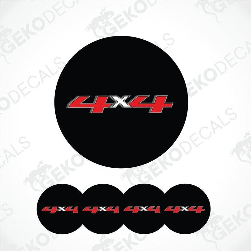 Black circular decal with red '4x4' text on a white background