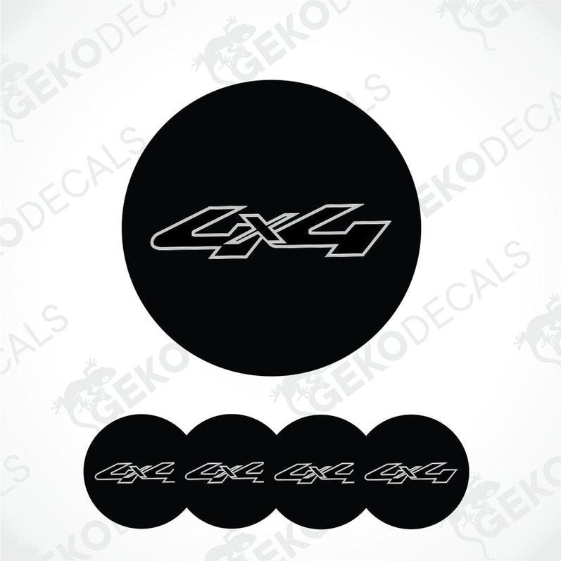 Black circular decal with '4X4' text and smaller '4X4' text repeats below on a white background.