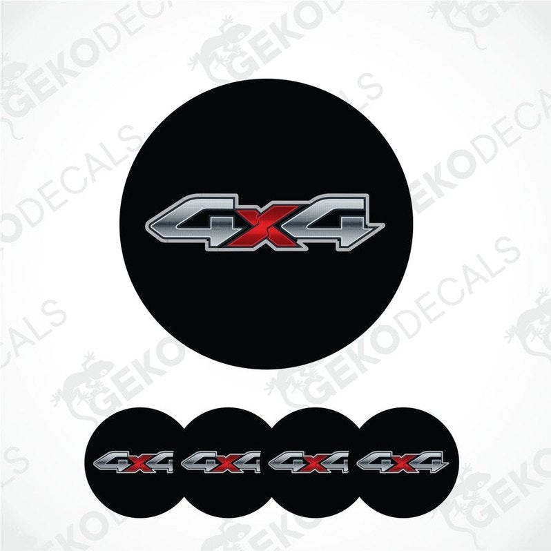 Black circular 4x4 decal with red and silver accents on a white background.
