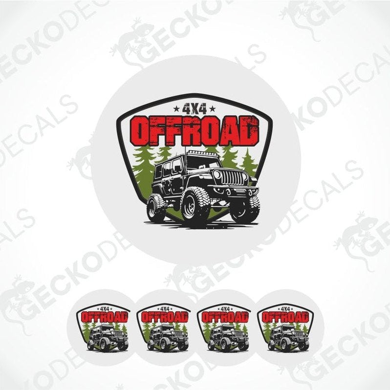 Set of '4x4 Offroad' themed coasters with a jeep graphic on a withe background.