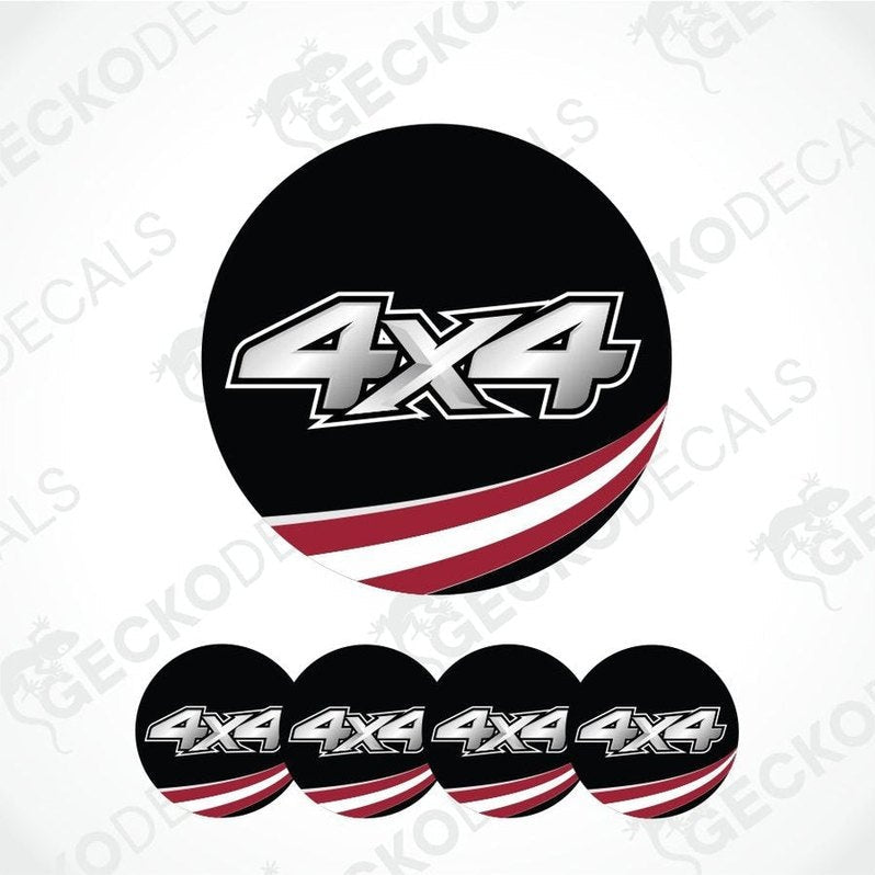 Set of 4x4 decals with a black circle and red stripe on a white background.