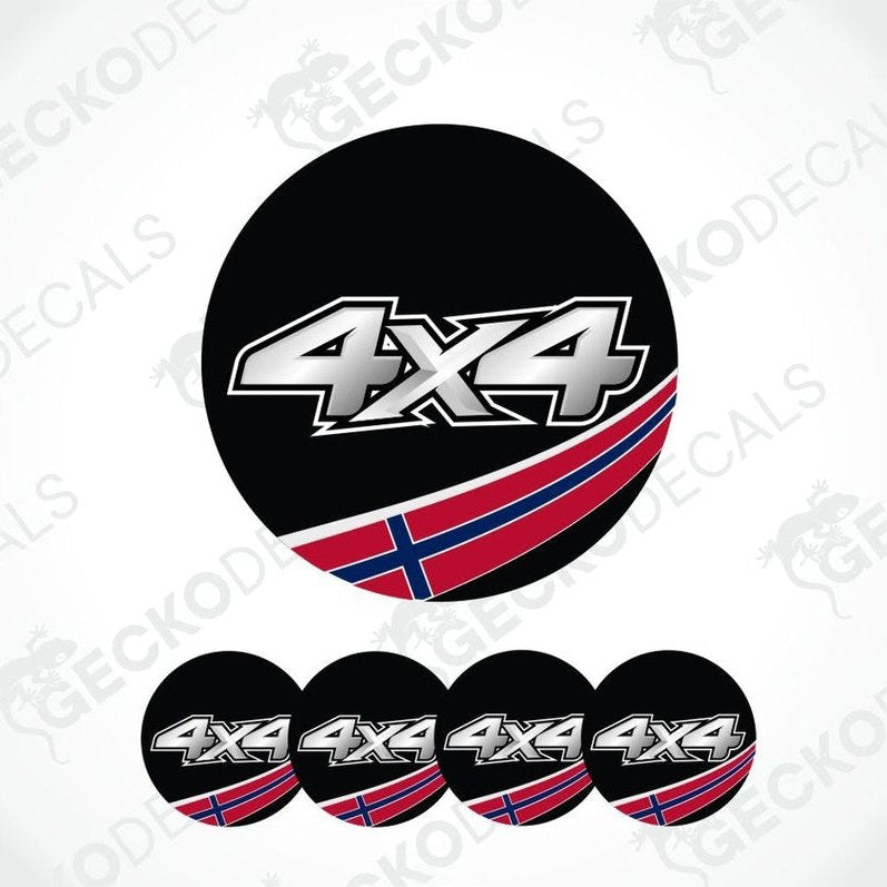 Set of 4x4 stickers with a black circle design featuring '4x4' text and a red and blue flag on a white background.