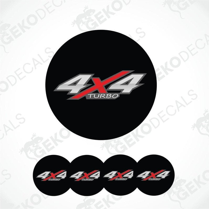 Black circular decal with '4x4 Turbo' text and red accent on a white background.