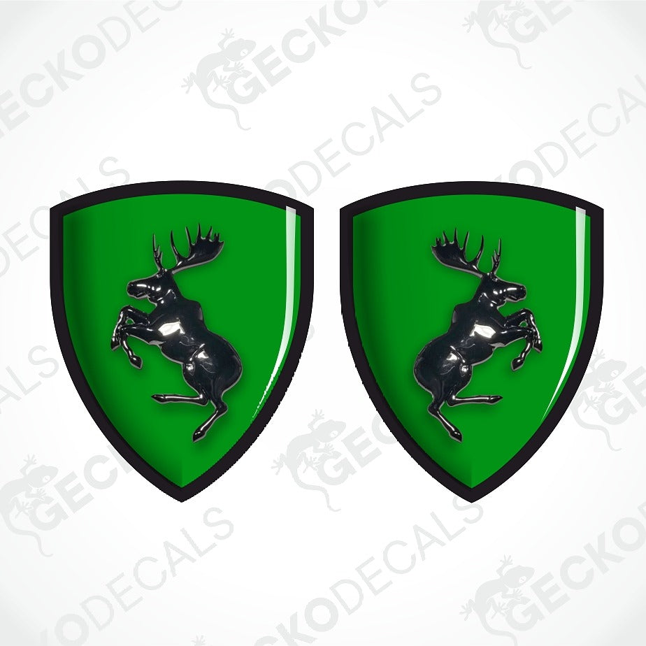 Two identical green shield-shaped decals with black borders and a black rearing deer emblem, shown on a white background with a faint GECKODECALS watermark.