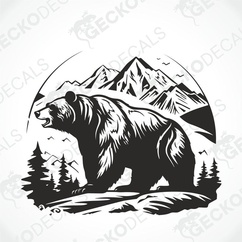 A decal featuring a black bear in a mountainous landscape with a white background, delivered on transfer paper.