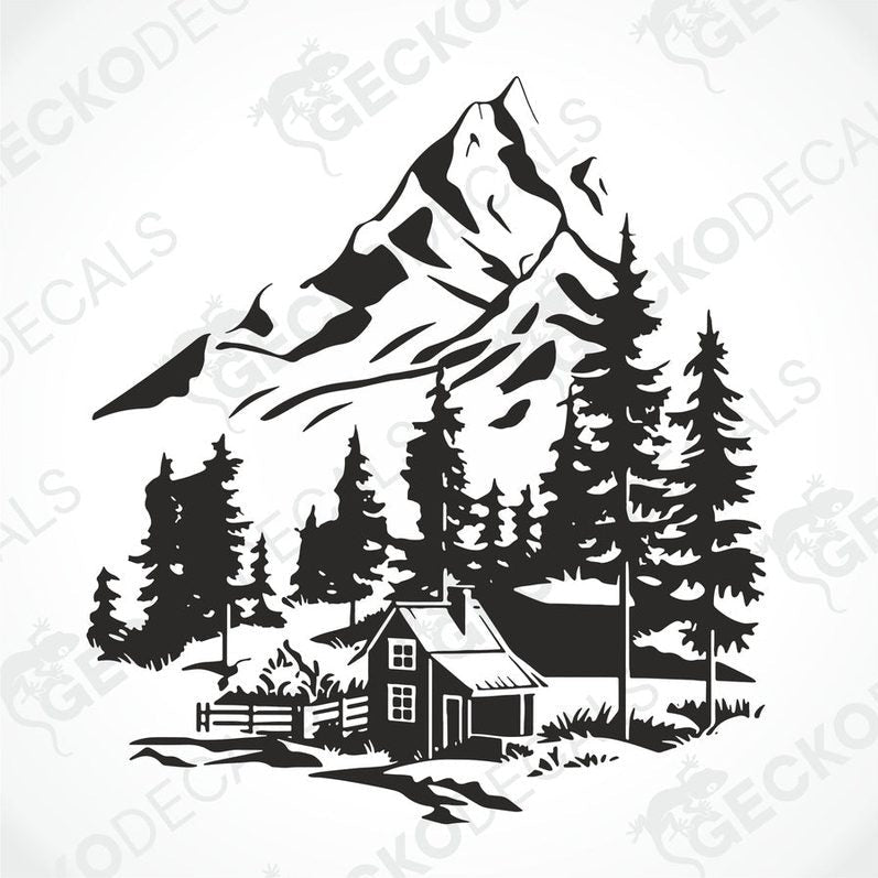 A black decal of a mountain house with trees in the foreground, placed on the rear of a white vehicle.