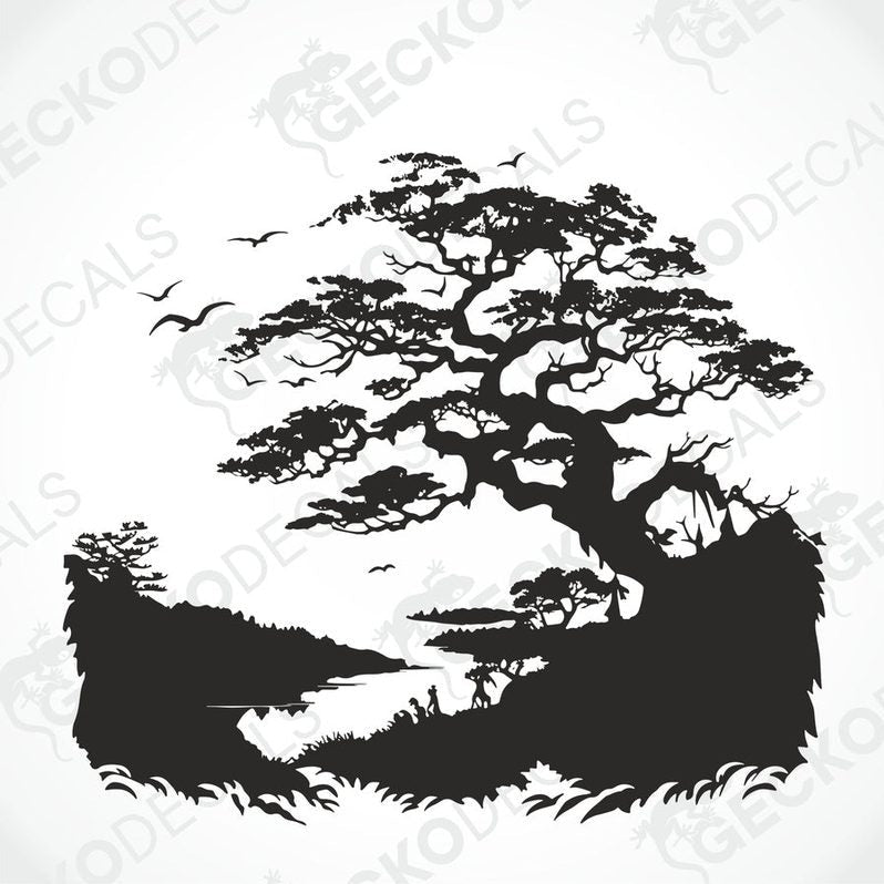 A black and white die cut sticker of a tree on the banks of a stream, applied to the side of a white car.