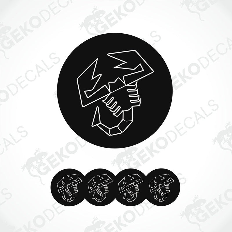 A set of four black and white vinyl decals with a polyurethane coating, featuring a car logo, displayed on a white background.