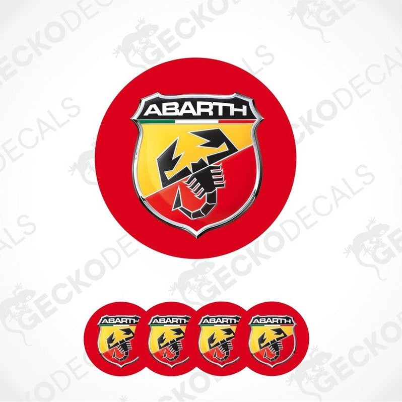 Abarth logo with a red circle and five smaller logos below on a white background.