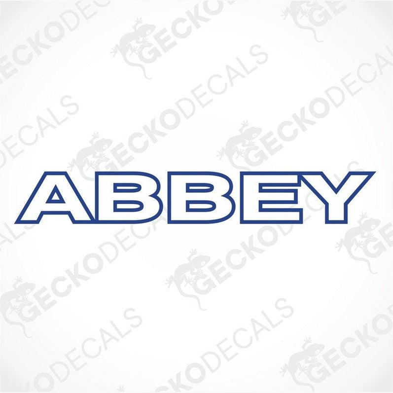 Blue and white ABBEY die-cut sticker for caravan interior or exterior use