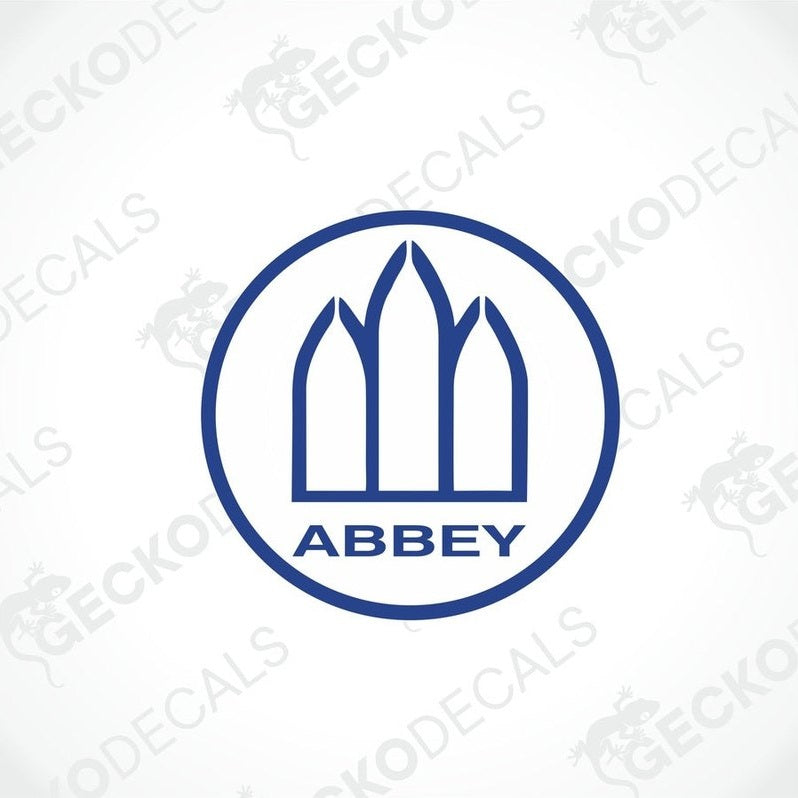 Blue ABBEY die cut decal with Gothic arch windows on transfer paper for caravan interior or exterior