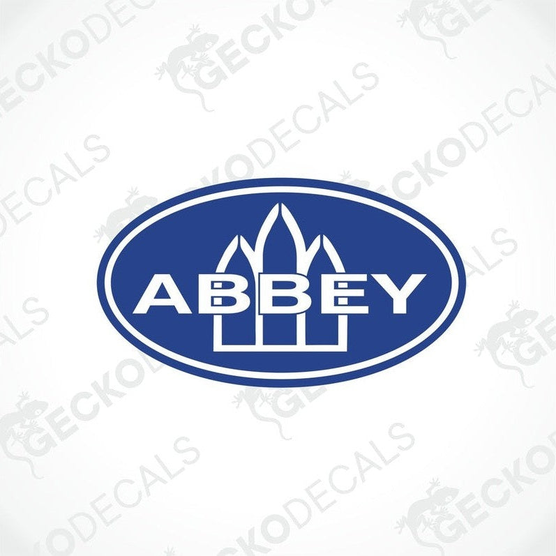 ABBey caravan sticker with blue oval and white tower graphic
