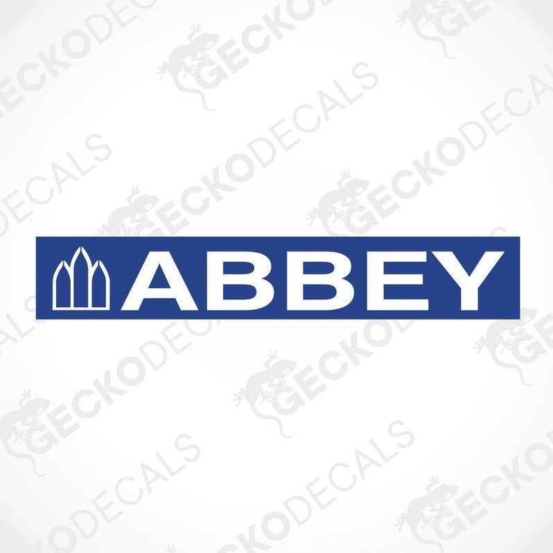 Blue ABBEY decorative sticker with white arched window graphic for caravan interior or exterior