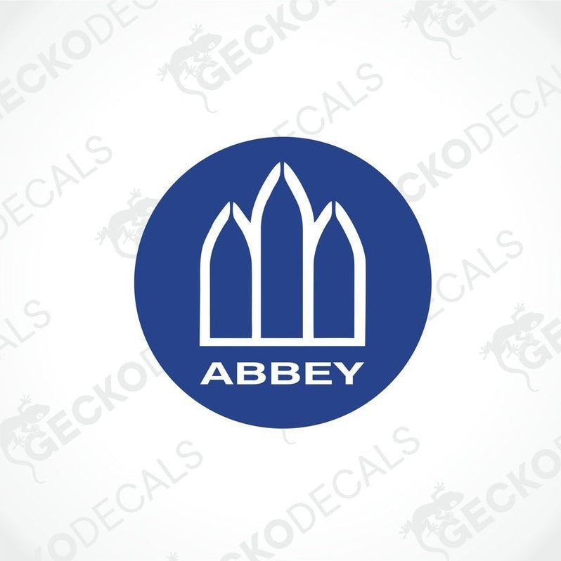 Blue circular ABBEY decal with white Gothic arch graphic for caravan interior or exterior