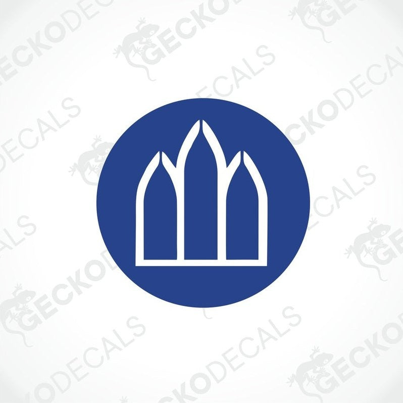 White Gothic arched window die-cut decal on blue circular background for caravan