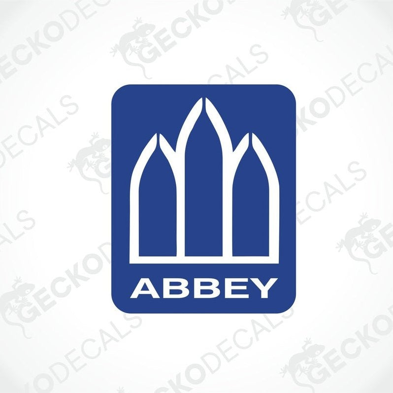 Blue ABBEY decorative sticker with white Gothic arch design for caravan interior or exterior