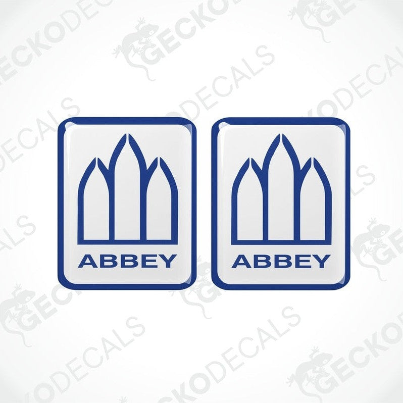 Abbey Caravan epoxy resin vinyl decal set with blue arched graphic and domed finish