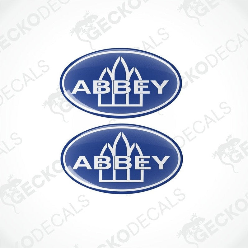 Set of two blue Abbey Caravan epoxy resin decals with domed finish