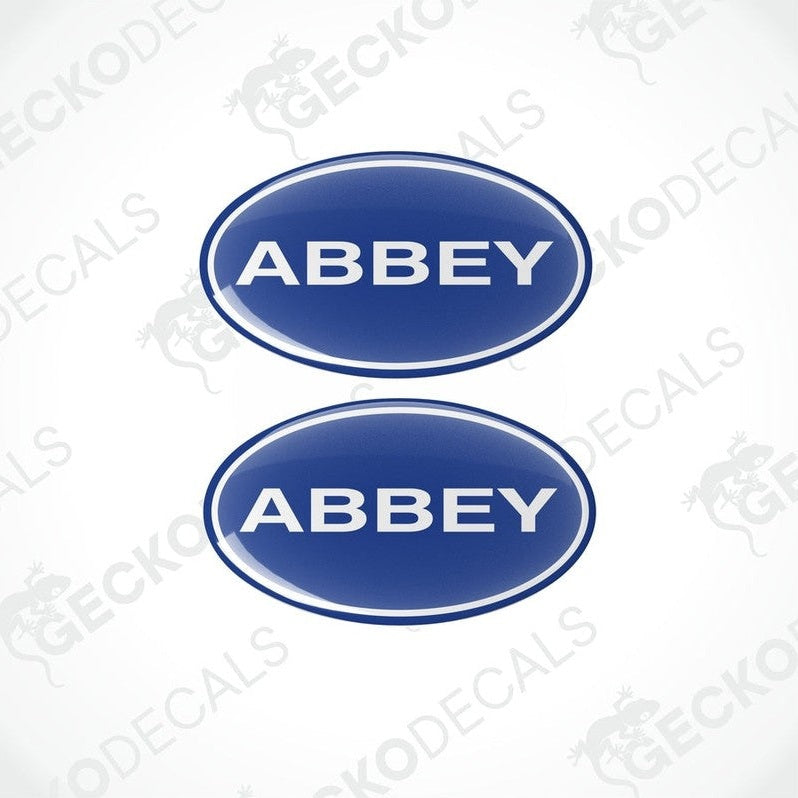 Set of two blue Abbey Caravan vinyl decals with glossy dome finish