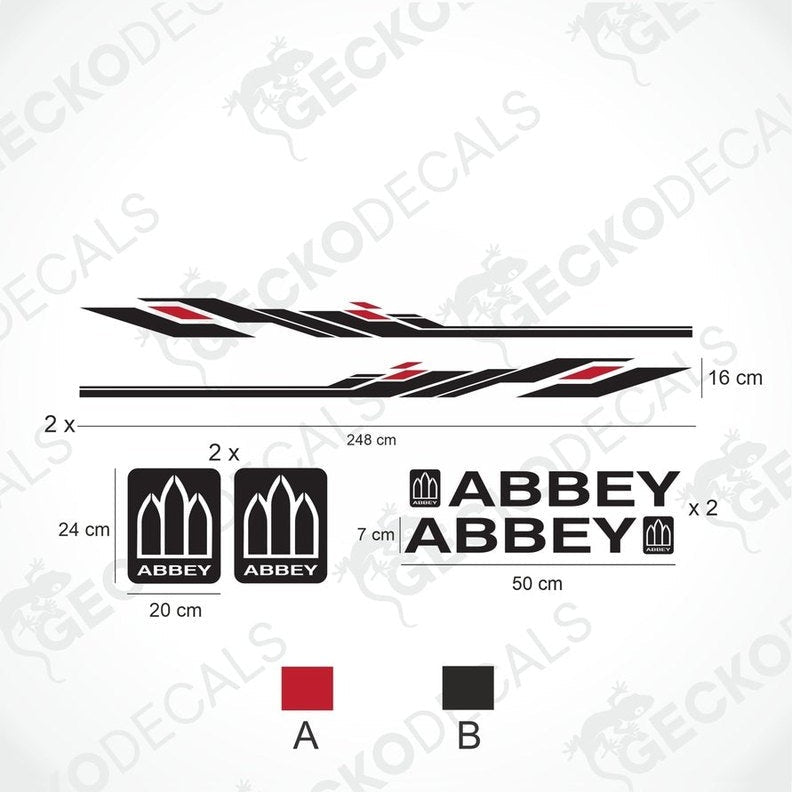 Abbey caravan decoration set including side stripes, logo emblems and text decals on transfer paper