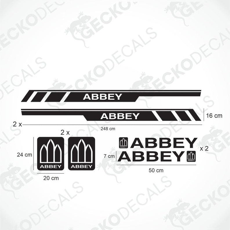 Black Abbey caravan die-cut sticker set with side stripes and logos on transfer paper