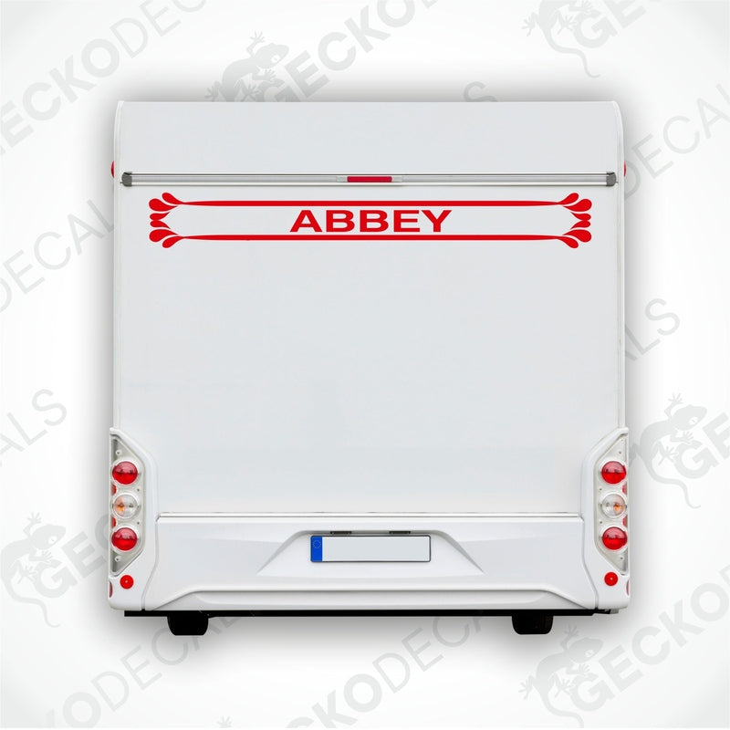 Red Abbey caravan rear decal sticker on white van exterior