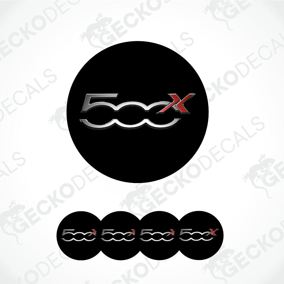 A set of circular black car decals featuring the '500X' logo in metallic silver and red, shown as one large decal and four smaller ones, on a white background with diagonal watermarks.