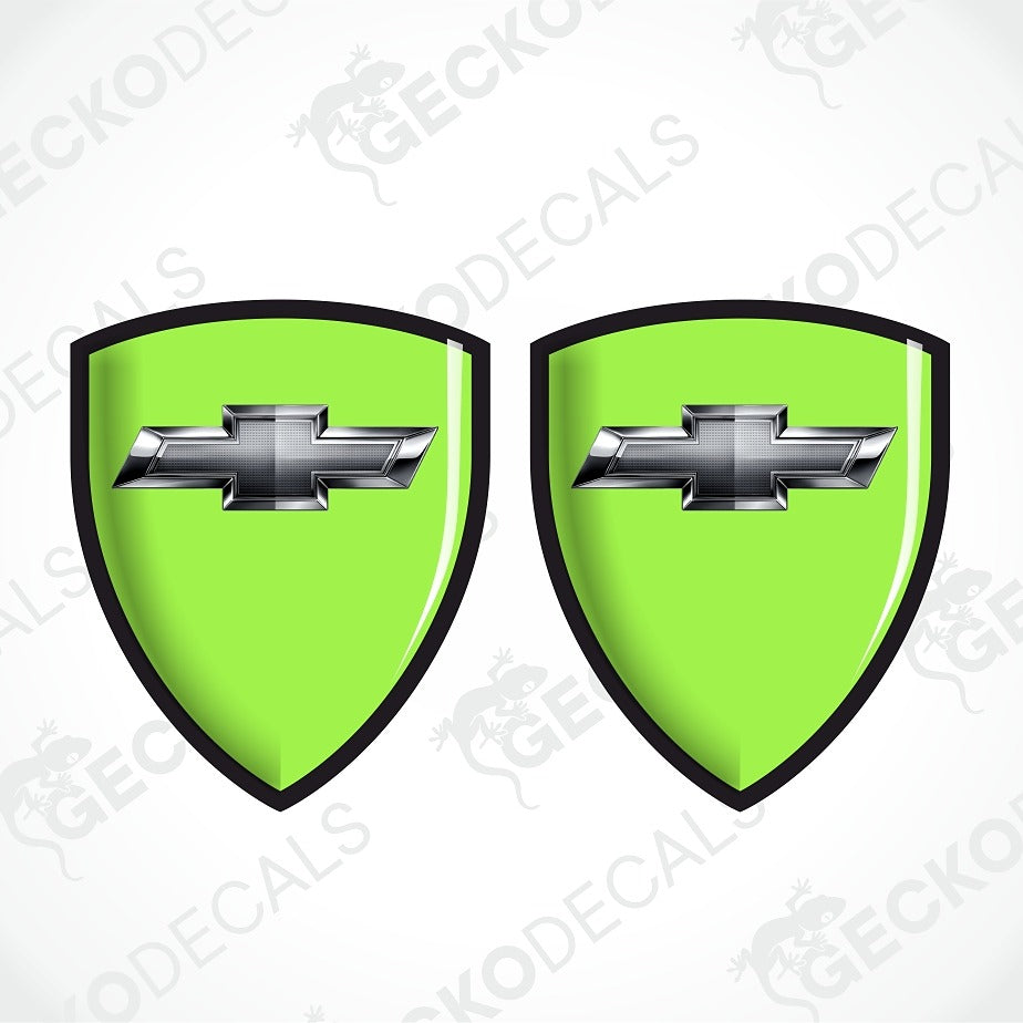 Two identical bright lime green shield-shaped decals with black borders and a silver Chevrolet bowtie emblem in the center, shown on a white background with faint diagonal watermarks.