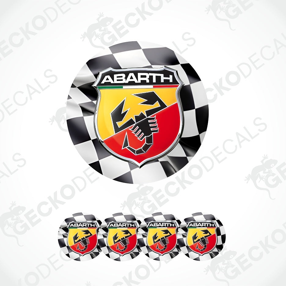 A set of Abarth car decals featuring a large central decal and four smaller matching decals below. The design includes a black and white checkered border, a central shield with a yellow and red background, a black Abarth logo, and a stylized bird emblem.