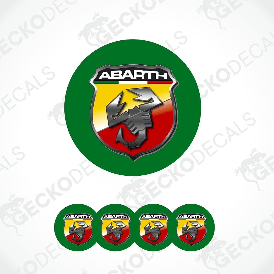 A set of Abarth car decals featuring a large green circular decal with a central shield logo and four smaller matching circular decals aligned below on a white background with faint watermarks.