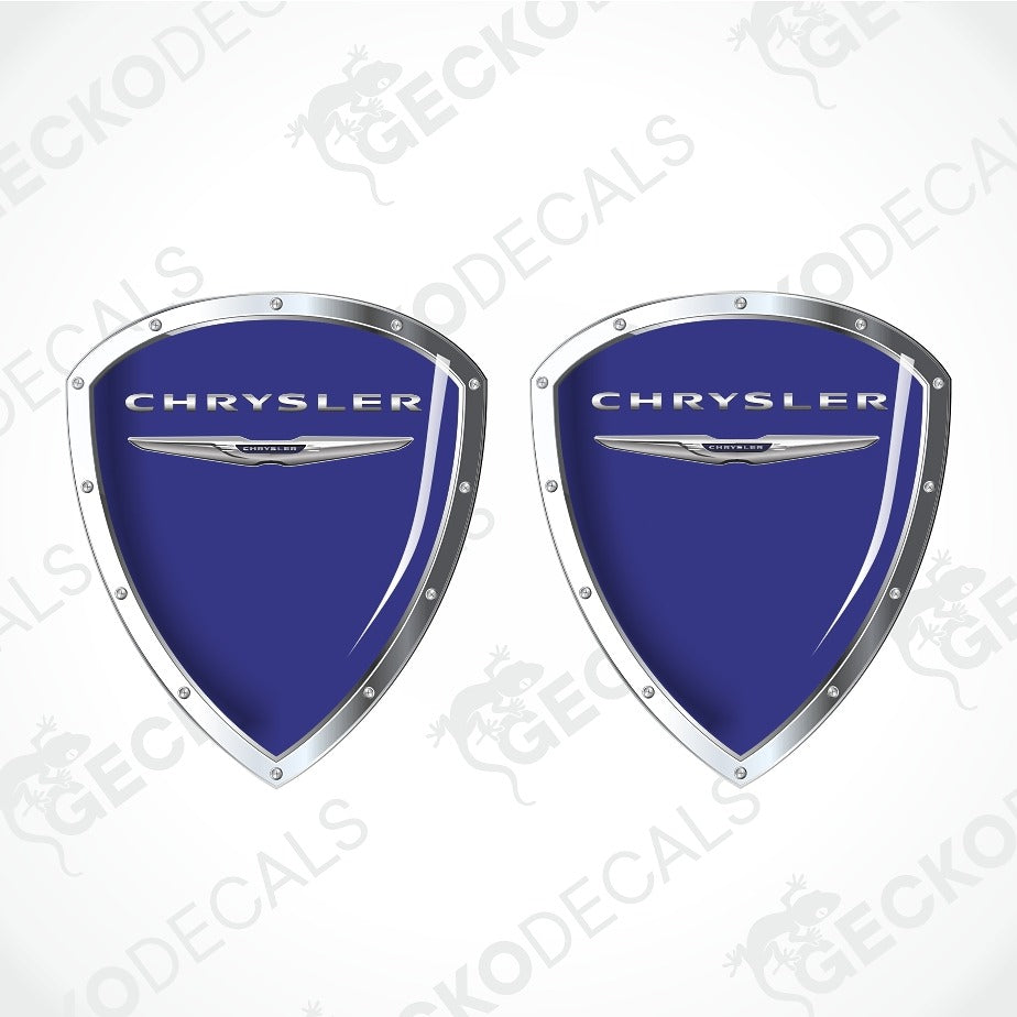 Two identical blue and silver Chrysler shield-shaped decal stickers on a white background with diagonal watermarks.