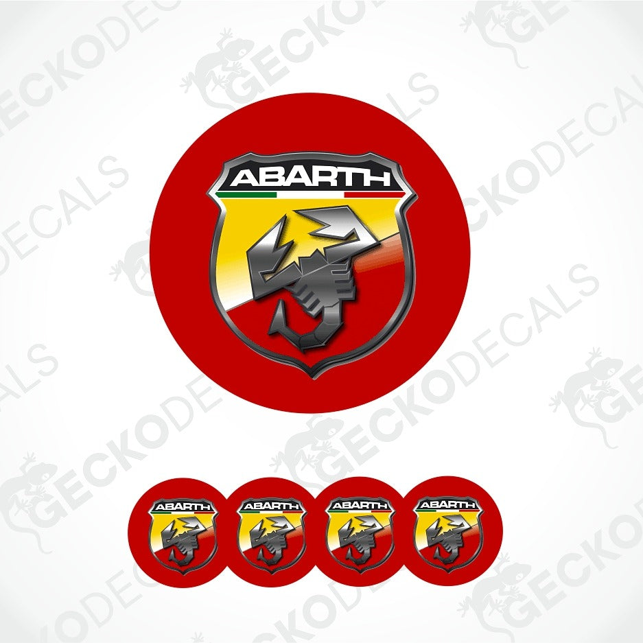 A set of Abarth car decals featuring a large circular decal and four smaller oval decals, all displaying the red, yellow, and black Abarth shield logo.
