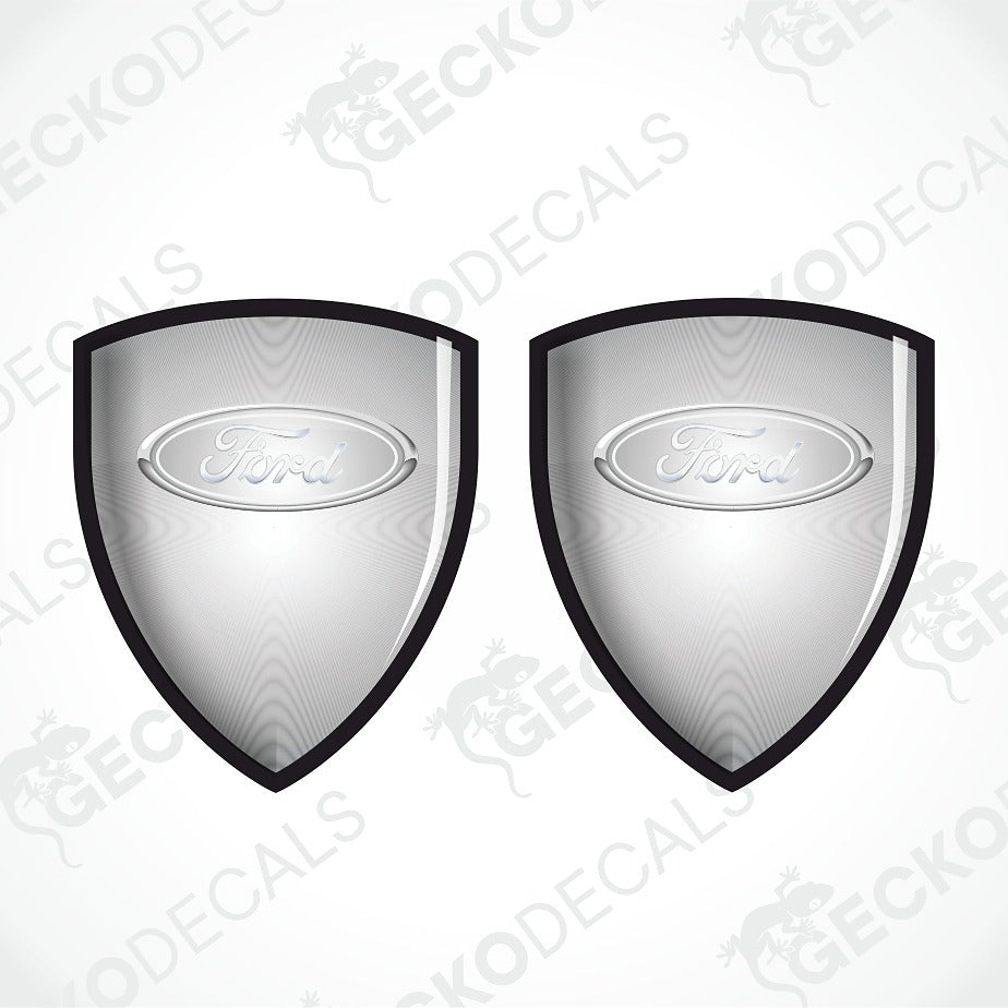 Two identical Ford shield-shaped decals on a light gray background with diagonal watermark text.