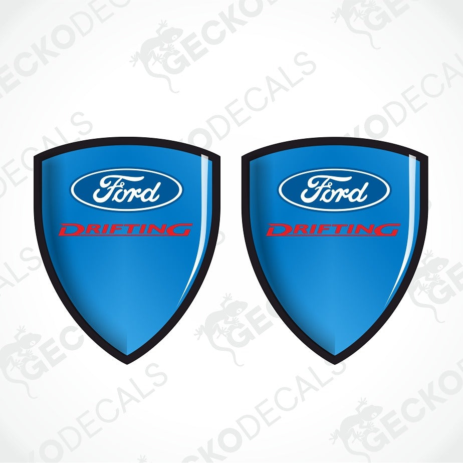 Two blue Ford Drifting shield-shaped decals with black borders, shown side by side on a white background with faint GECKODECALS watermarks.
