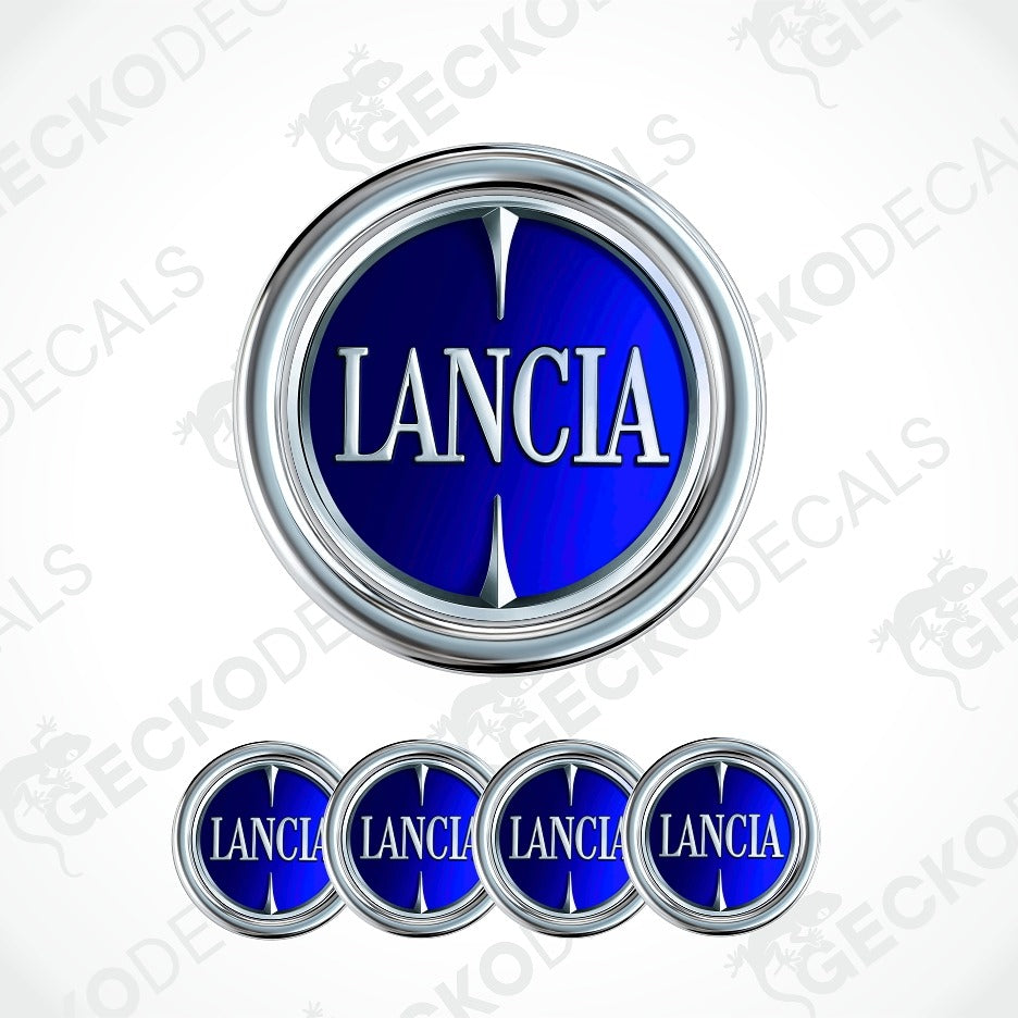 Blue and silver Lancia emblem decal shown in a large version and four smaller versions on a white background with faint Geckodec watermarks.
