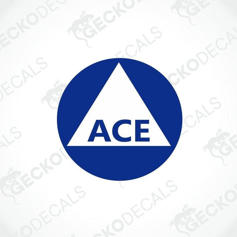 Blue circular ACE caravan decal with white inverted triangle logo