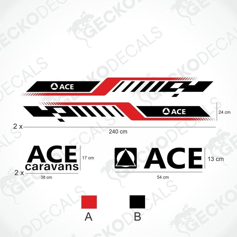 ACE Caravan die-cut sticker set with black red geometric stripes and logos on transfer paper