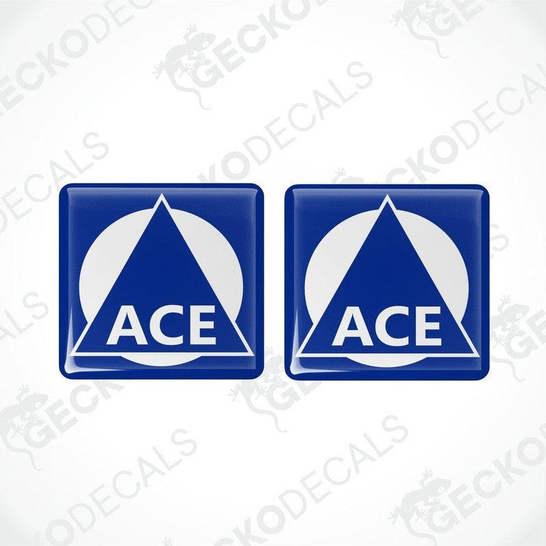 Blue ACE epoxy resin caravan decal set with domed polyurethane finish