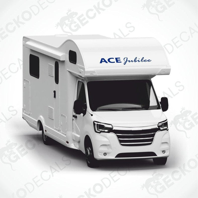 Blue ACE Jubilee caravan roof decal applied to motorhome front three-quarter view