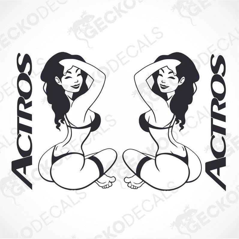 Two black and white sticker designs featuring a stylized female character with the text 'Actros' beside her, intended for use as decals on vehicles or other surfaces.