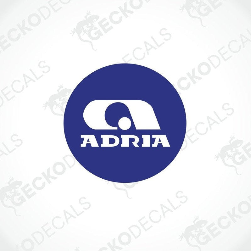 Dark blue circular ADRIA caravan decal with white logo and text