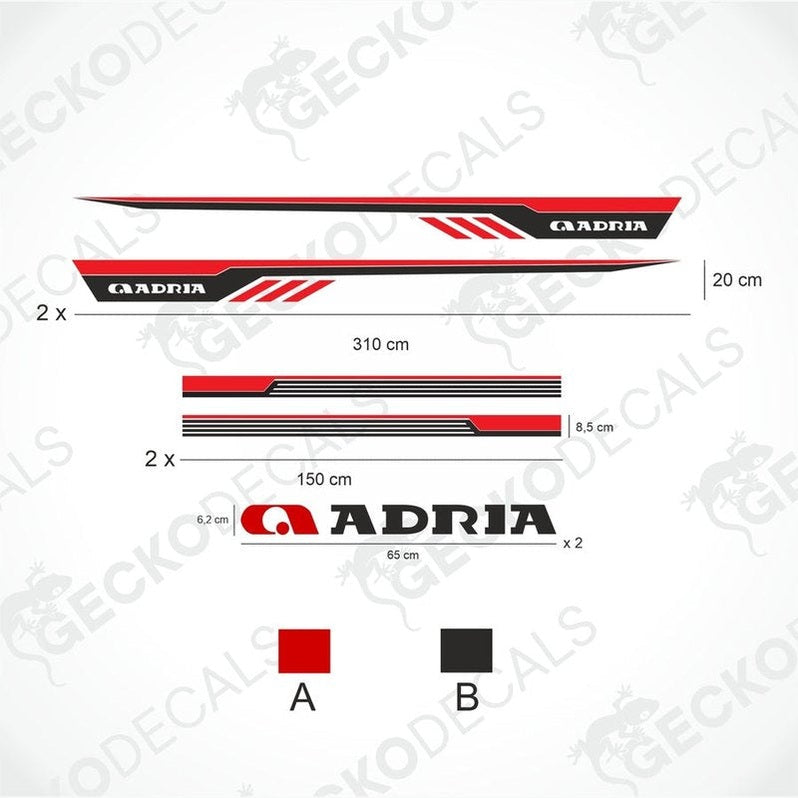 ADRIA caravan decoration set layout with red black side decals and logo stickers on transfer paper