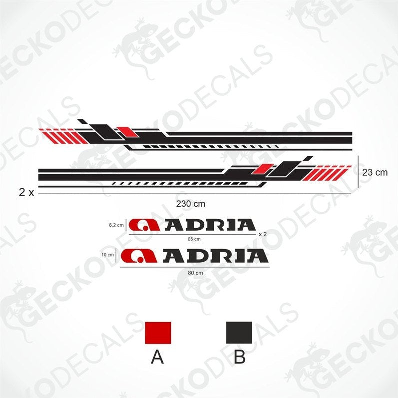 Adria DECORATION SET diagram showing 230cm side stripe and logo decal dimensions in red and black