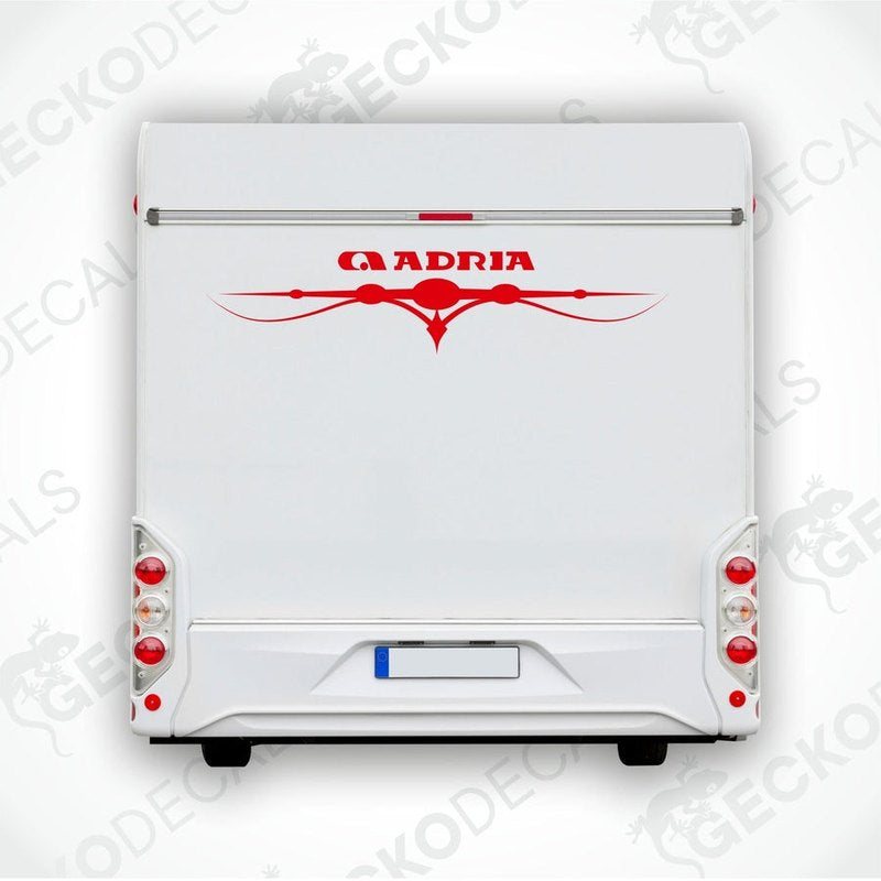 Red ADRIA caravan rear decal applied to white trailer back door