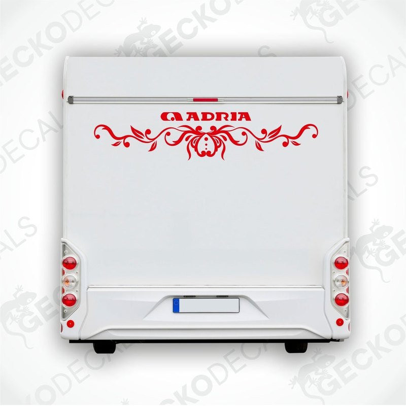 Red ADRIA caravan rear decal applied to white caravan exterior