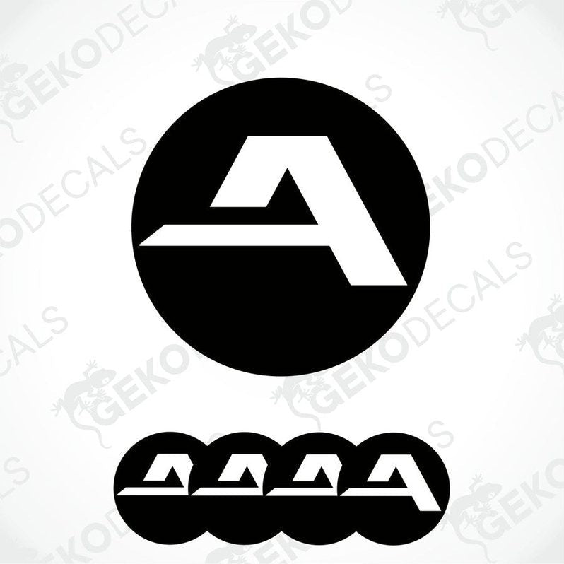 A set of four black vinyl stickers with a white 'ALCAR' logo design, displayed on a transparent background.