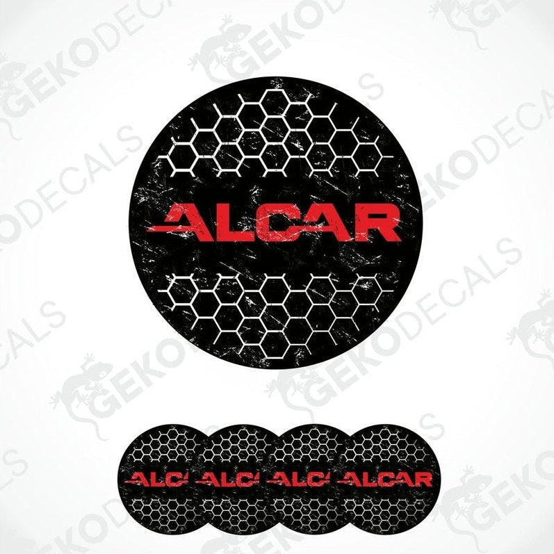 Set of four round car decals with a geometric honeycomb pattern and the brand name 'ALCAR' in the center.